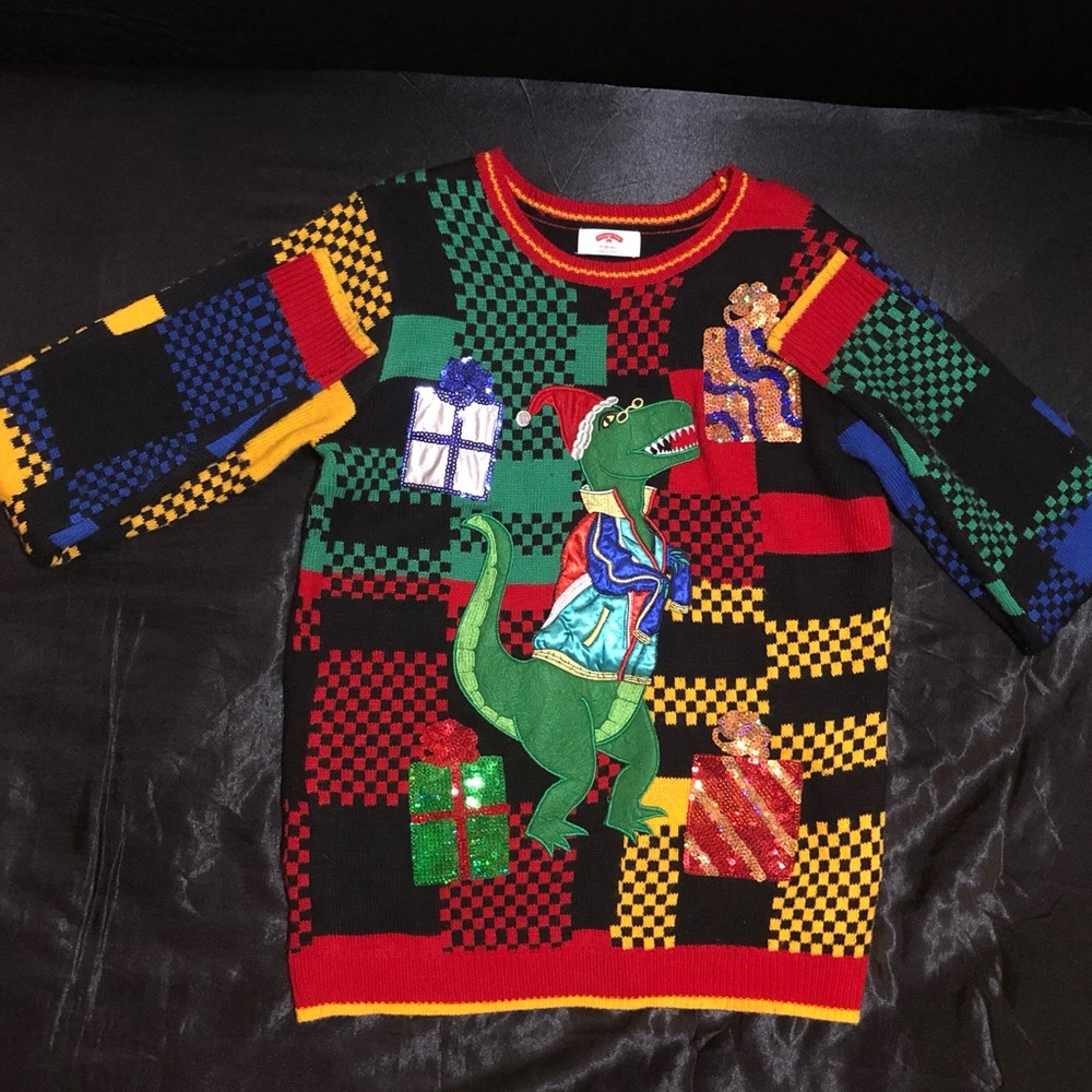 Festive Dinosaur Sweater with Gifts